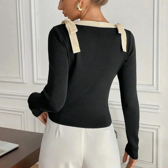 Black Casual Women's ' Contrast Color Tie Front Long Sleeve Sweater - Picture 2 of 6